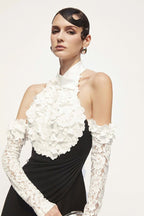 Black Pleated Gown with White Floral Neckline H7134