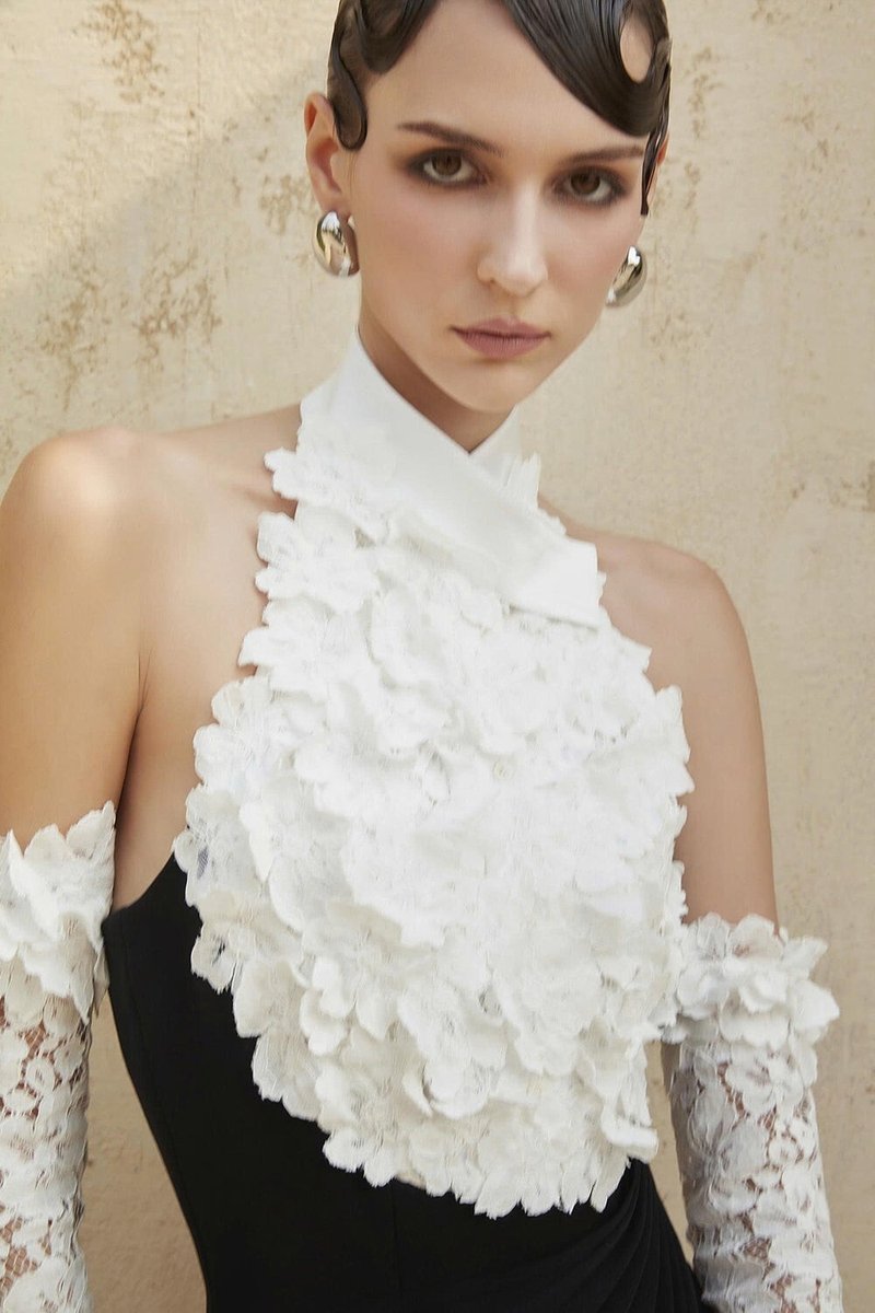 Black Pleated Gown with White Floral Neckline H7134