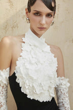 Black Pleated Gown with White Floral Neckline H7134