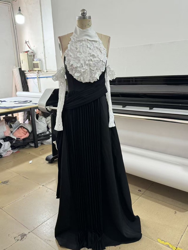 Black Pleated Gown with White Floral Neckline H7134