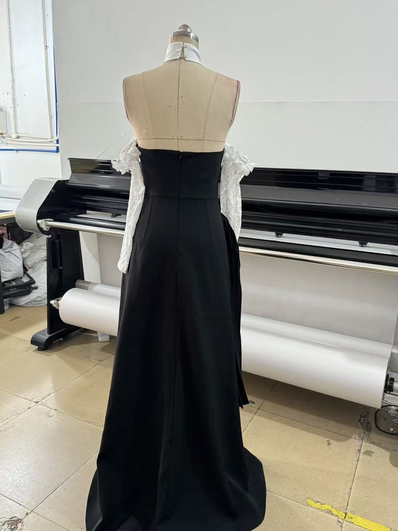 Black Pleated Gown with White Floral Neckline H7134