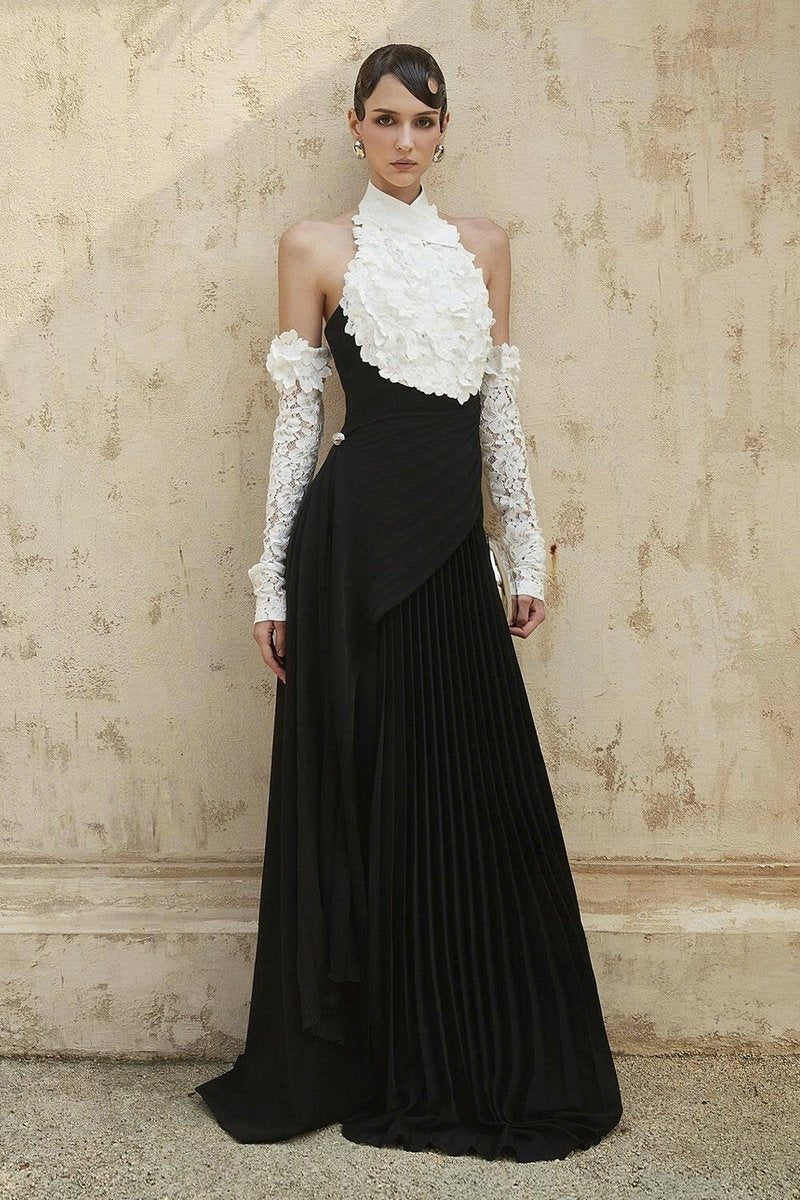 Black Pleated Gown with White Lace Sleeves H7134