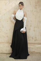 Black Pleated Gown with White Lace Sleeves H7134
