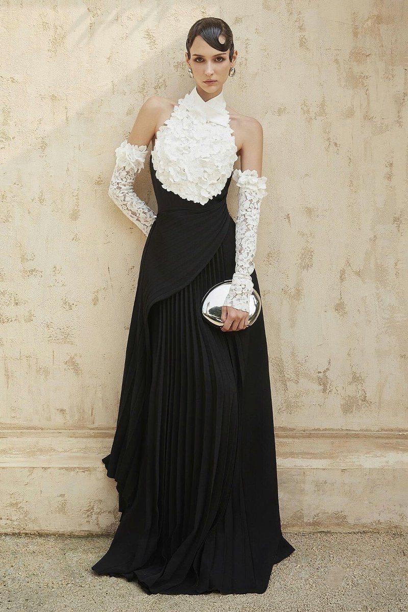 Black Pleated Gown with White Lace Sleeves H7134