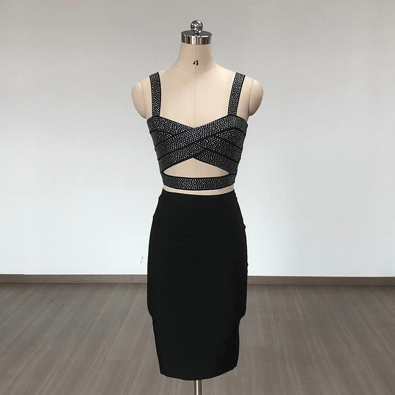 Black Polka Dot Crisscross Crop Top & Pencil Skirt Set H6422