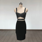 Black Polka Dot Crisscross Crop Top & Pencil Skirt Set H6422