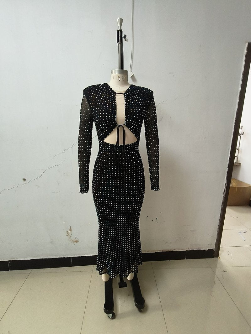 Black Polka Dot Flared Midi Dress H6265