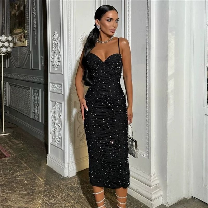Black Polka Dot Ruched Midi Dress H6302