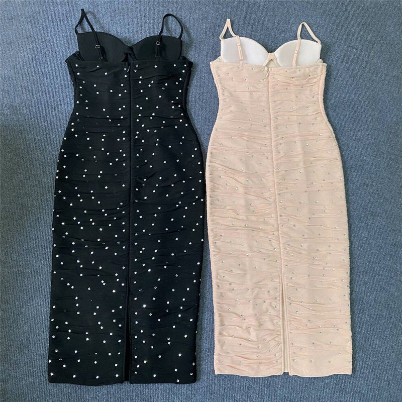 Black Polka Dot Ruched Midi Dress H6302