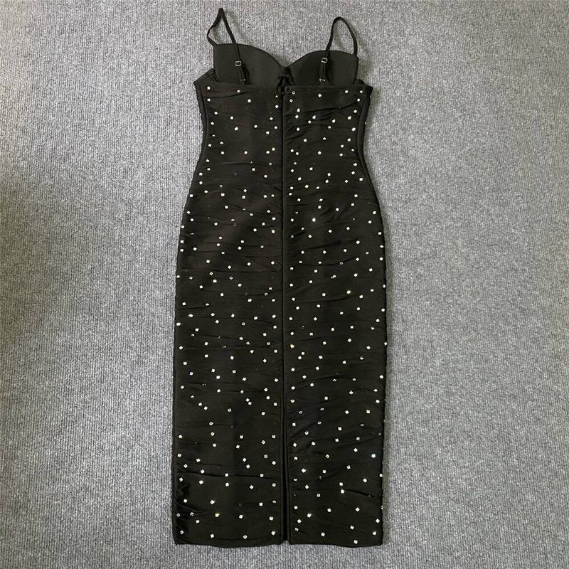 Black Polka Dot Ruched Midi Dress H6302