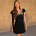 Black Rhinestone Bow Sleeve Mini Dress H6819