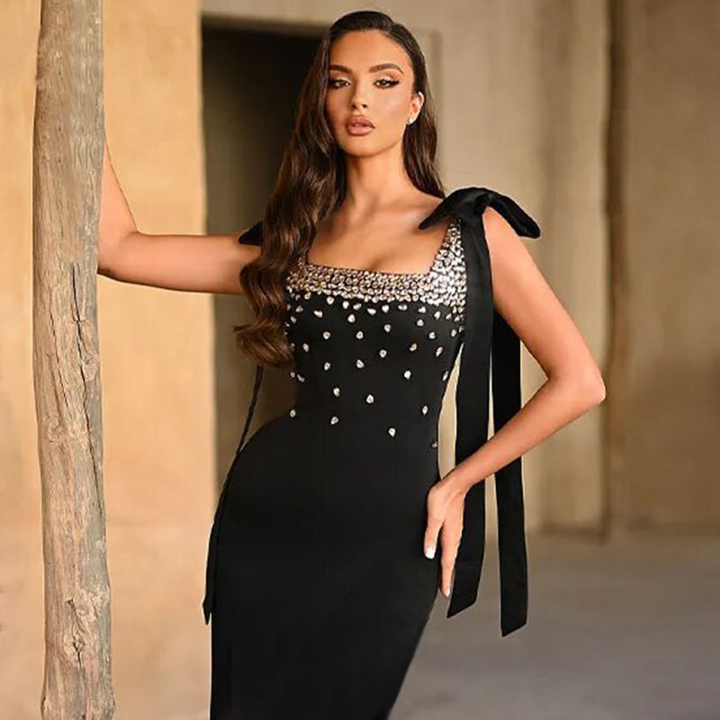 Black Rhinestone Bow Sleeve Mini Dress H6819
