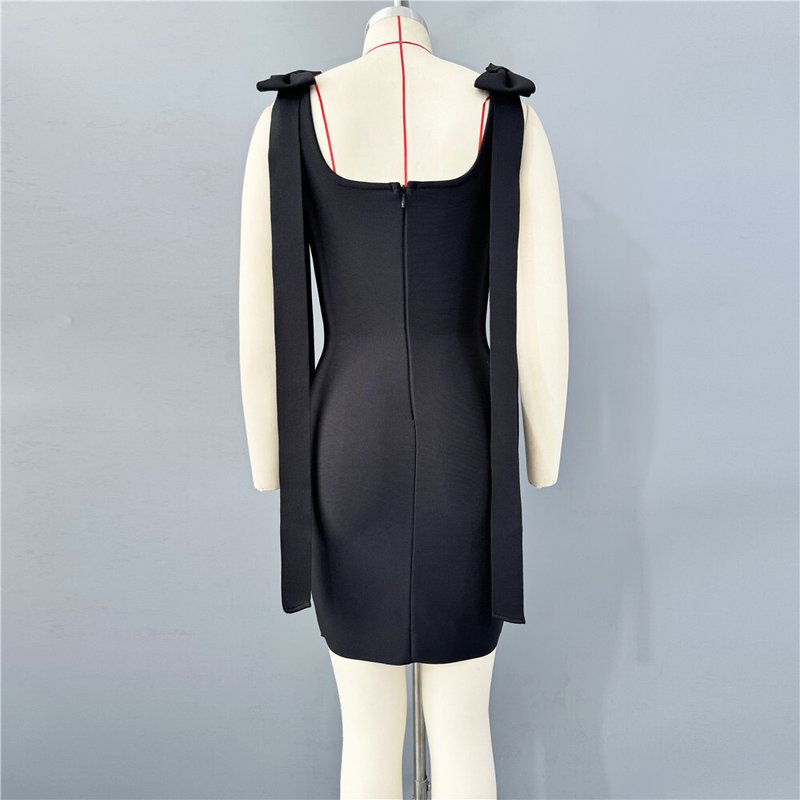 Black Rhinestone Bow Sleeve Mini Dress H6819