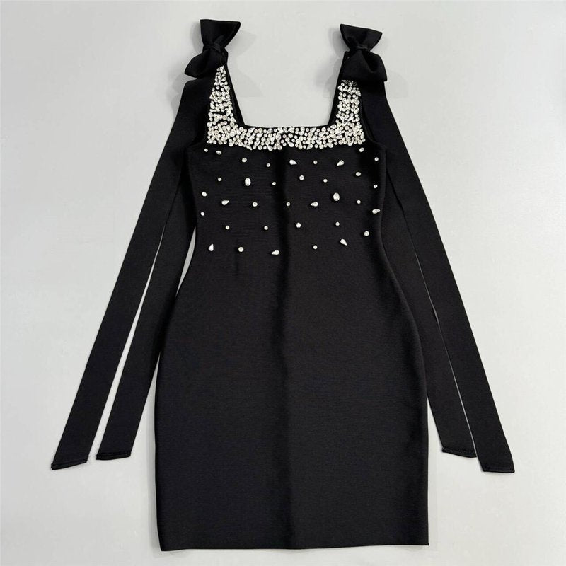 Black Rhinestone Bow Sleeve Mini Dress H6819