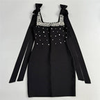 Black Rhinestone Bow Sleeve Mini Dress H6819