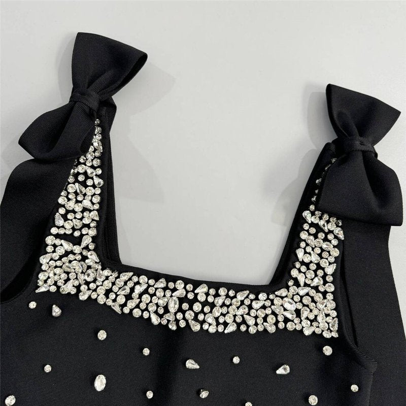 Black Rhinestone Bow Sleeve Mini Dress H6819
