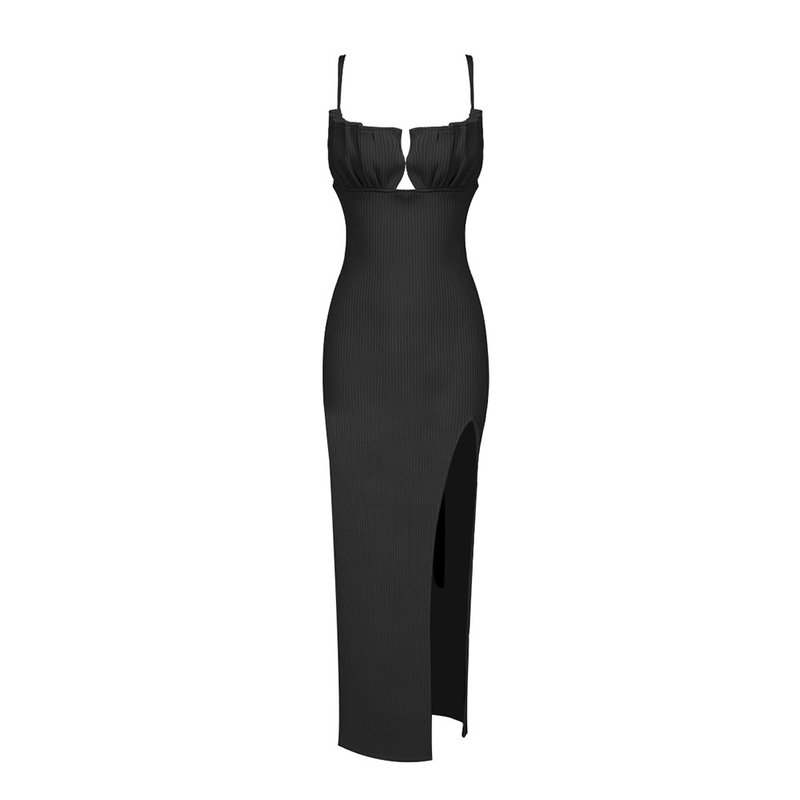 Black Ribbed Cutout Maxi Dress H5991