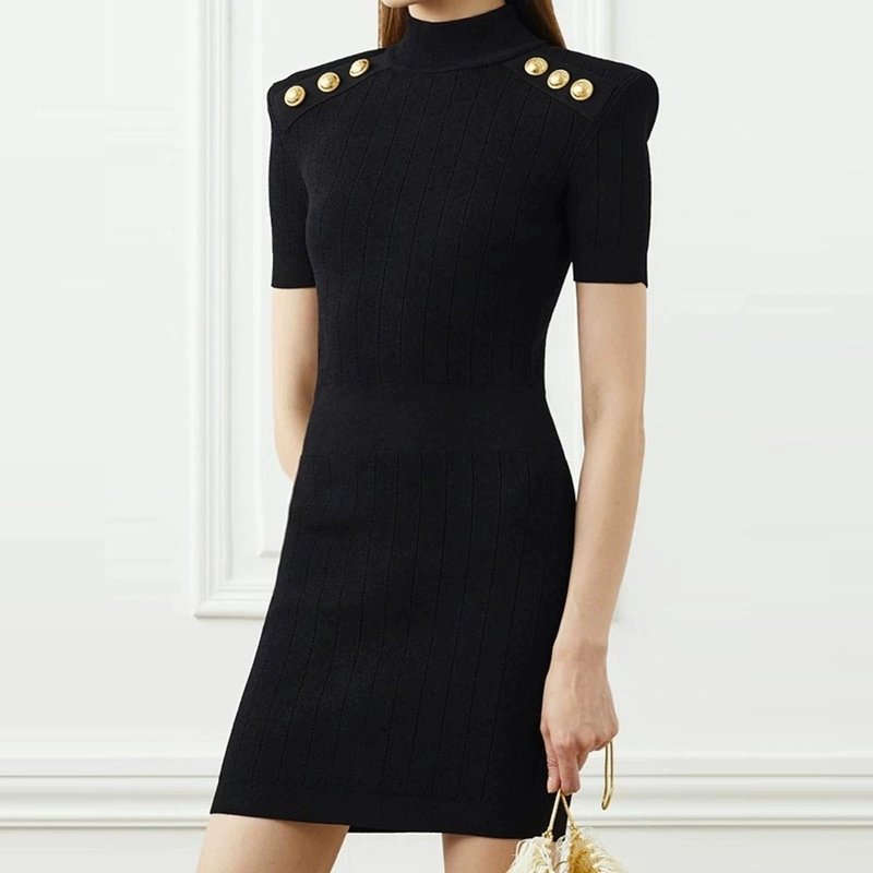 Black Ribbed Knit Mini Dress with Gold Buttons H6300
