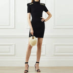 Black Ribbed Knit Mini Dress with Gold Buttons H6300