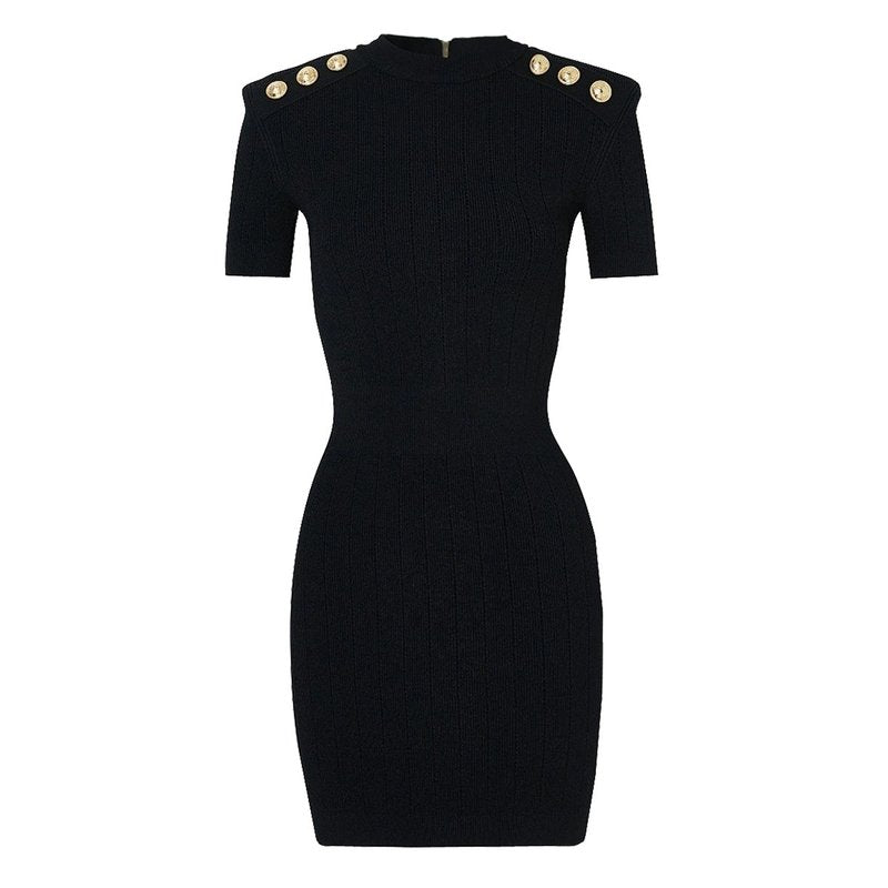 Black Ribbed Knit Mini Dress with Gold Buttons H6300