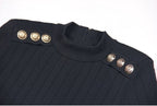 Black Ribbed Knit Mini Dress with Gold Buttons H6300