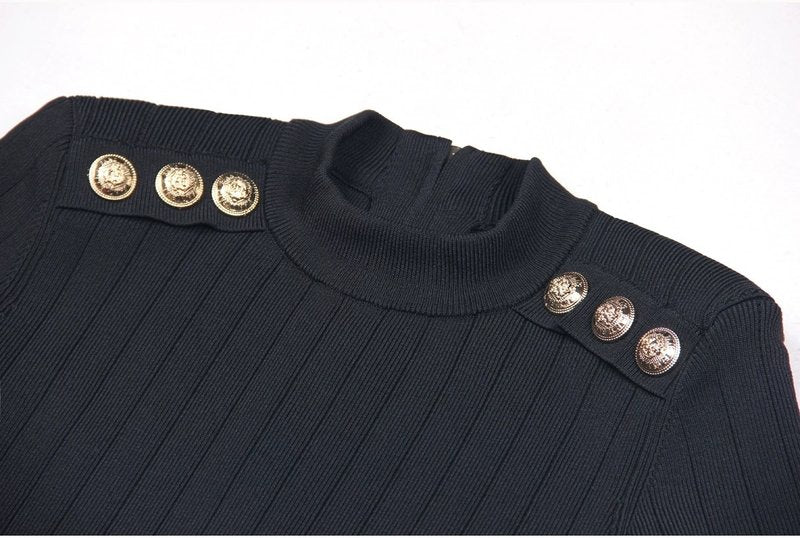 Black Ribbed Knit Mini Dress with Gold Buttons H6300