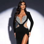 Black Sequin Cut-Out Long Sleeve Gown H6643