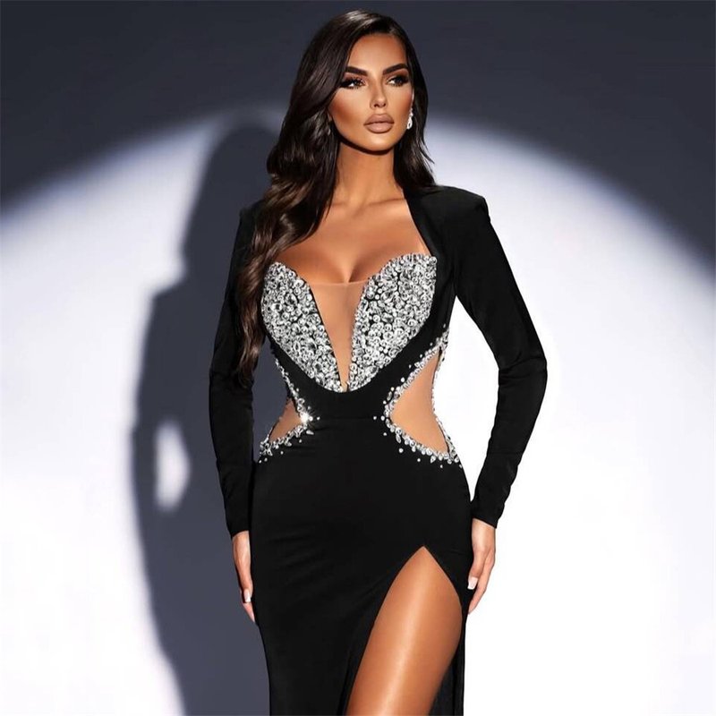 Black Sequin Cut-Out Long Sleeve Gown H6643