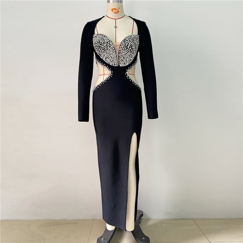 Black Sequin Cut-Out Long Sleeve Gown H6643