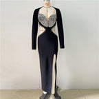 Black Sequin Cut-Out Long Sleeve Gown H6643