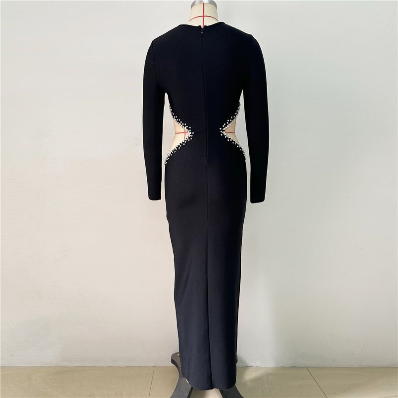 Black Sequin Cut-Out Long Sleeve Gown H6643