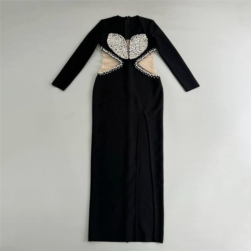 Black Sequin Cut-Out Long Sleeve Gown H6643