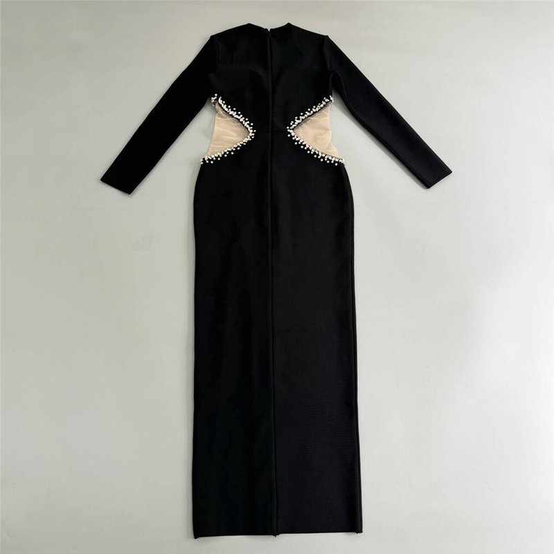 Black Sequin Cut-Out Long Sleeve Gown H6643
