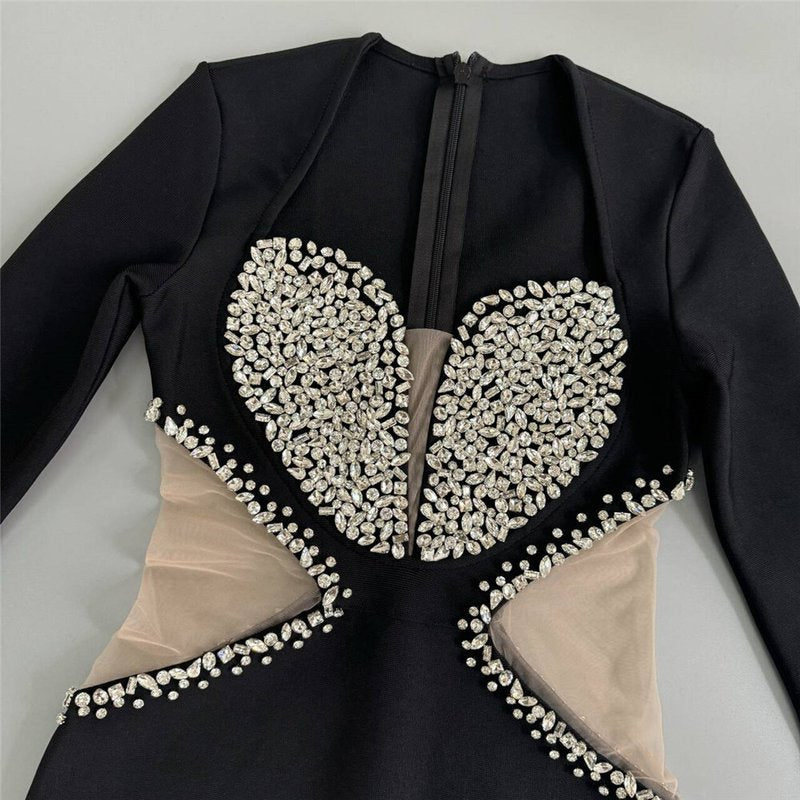 Black Sequin Cut-Out Long Sleeve Gown H6643