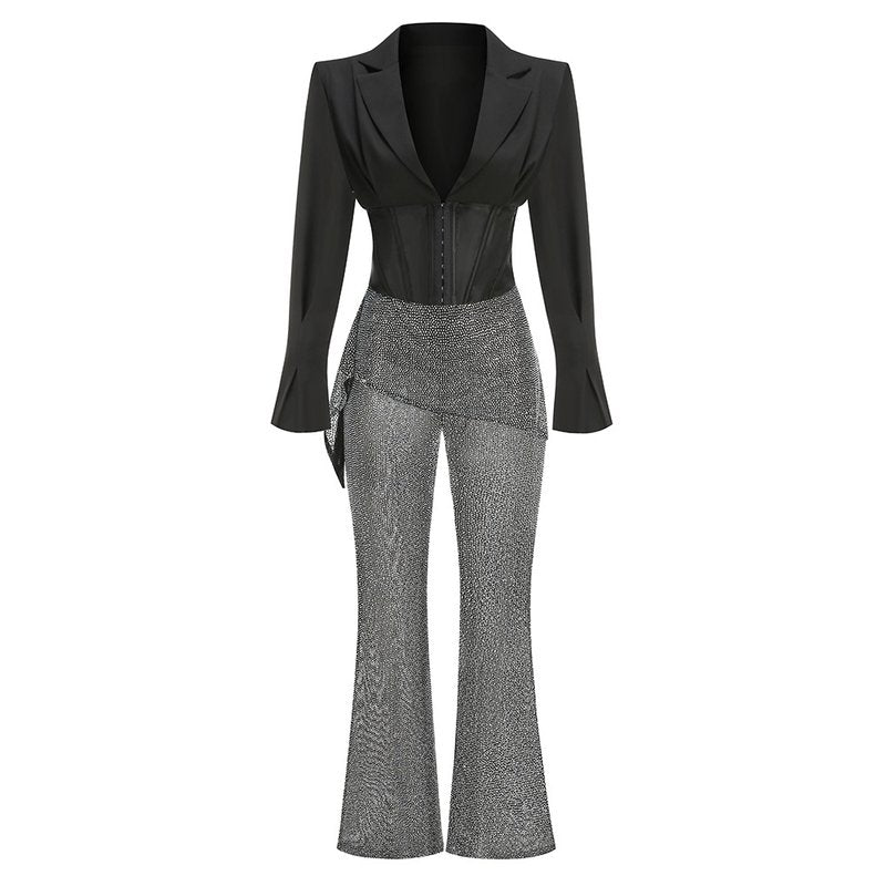 Black Sequin Sheer Flared Pants Set H7072