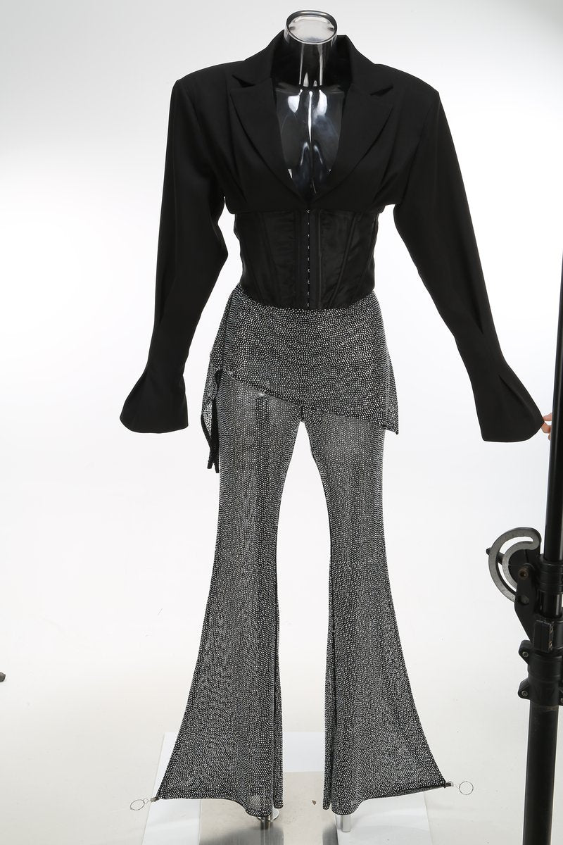Black Sequin Sheer Flared Pants Set H7072