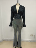 Black Sequin Sheer Flared Pants Set H7072