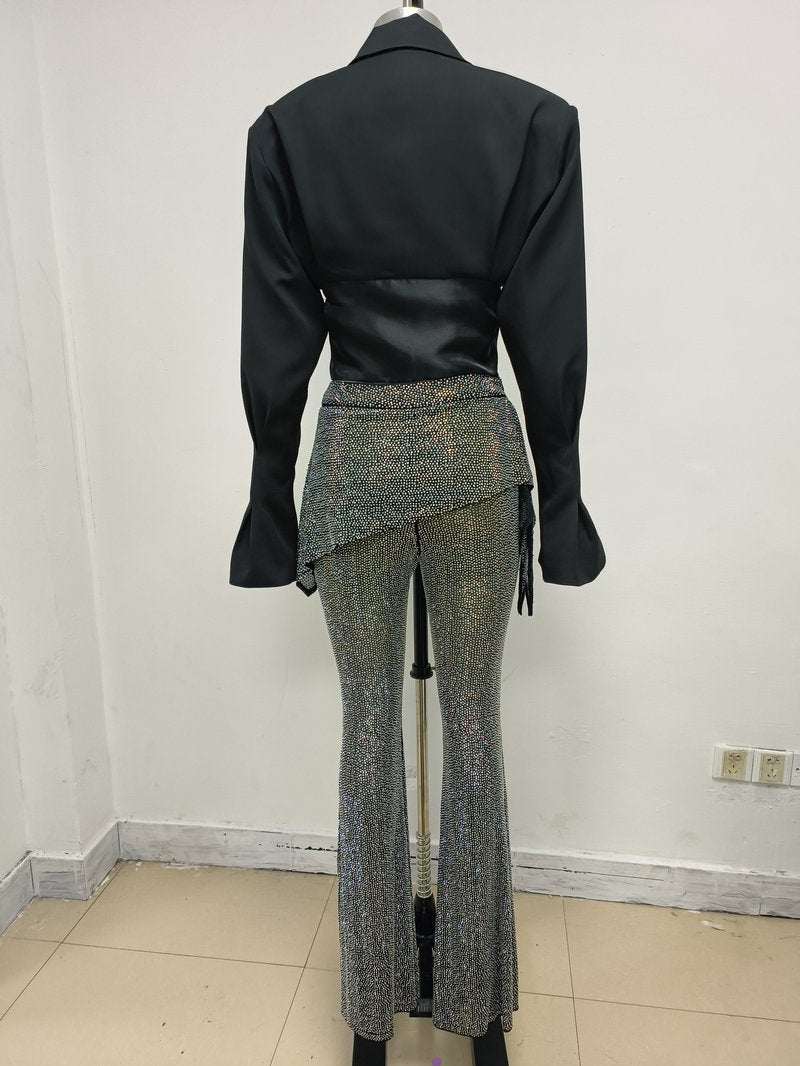 Black Sequin Sheer Flared Pants Set H7072