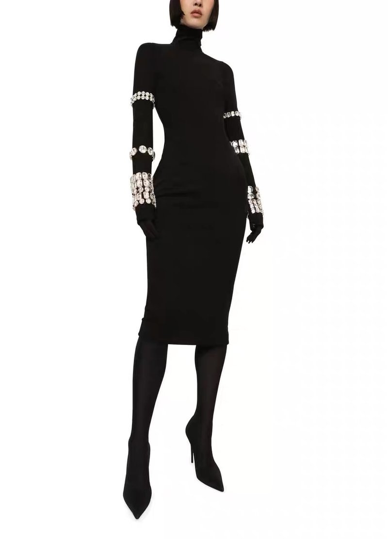 Black Sequin Sleeve Bodycon Dress H6083
