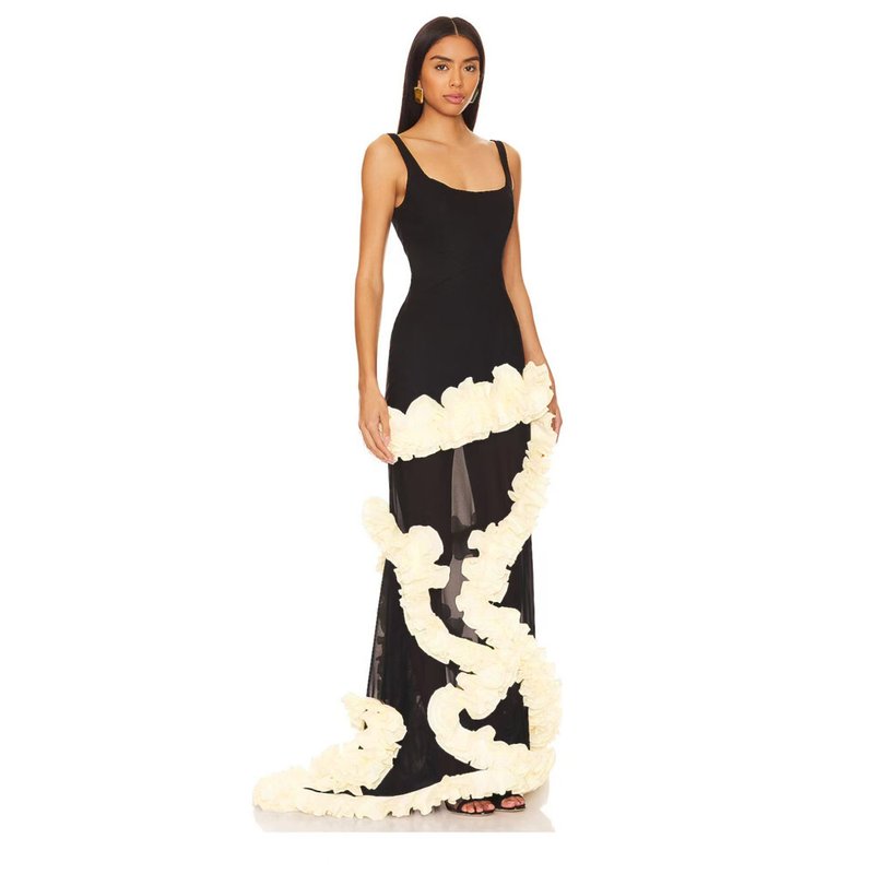 Black Sheer Gown with White Floral Applique H6808