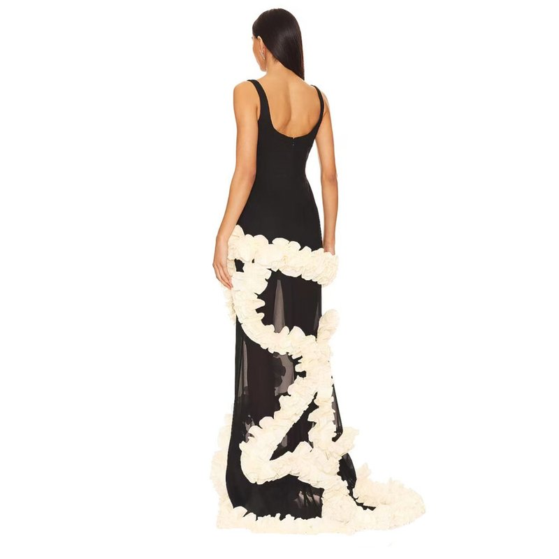 Black Sheer Gown with White Floral Applique H6808