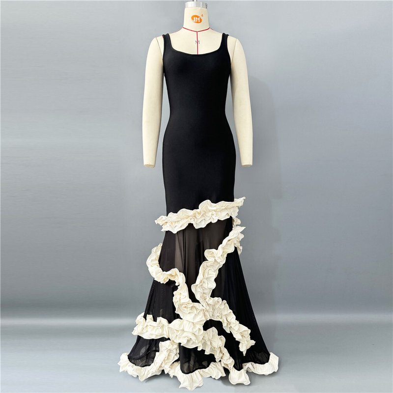 Black Sheer Gown with White Floral Applique H6808