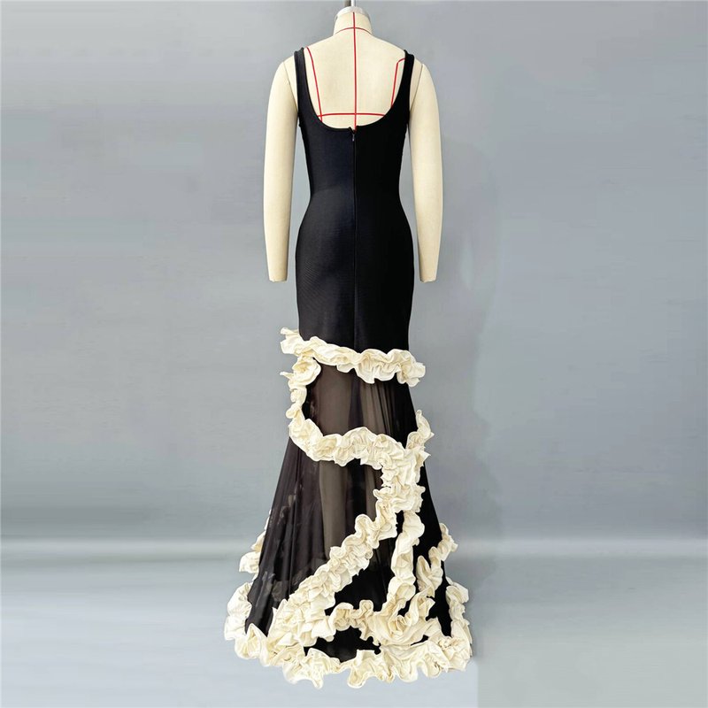 Black Sheer Gown with White Floral Applique H6808