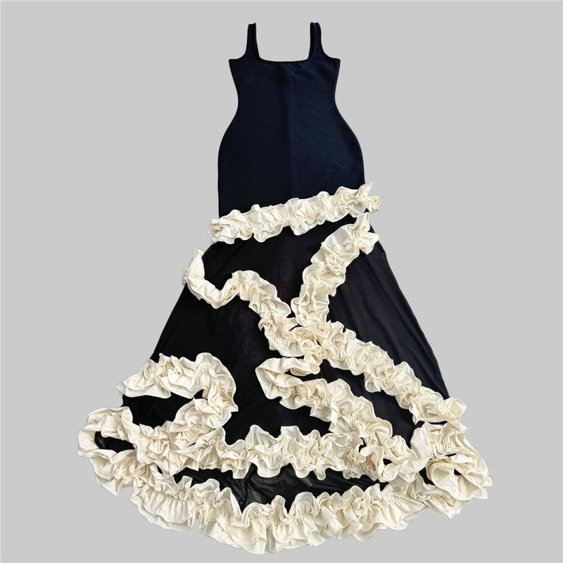 Black Sheer Gown with White Floral Applique H6808
