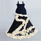 Black Sheer Gown with White Floral Applique H6808