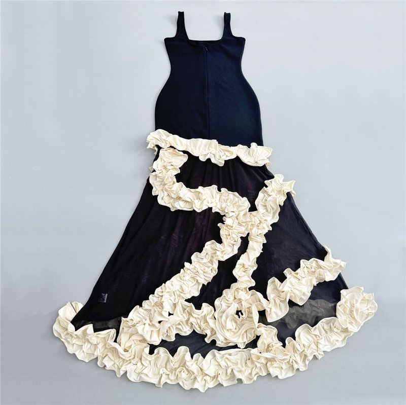 Black Sheer Gown with White Floral Applique H6808