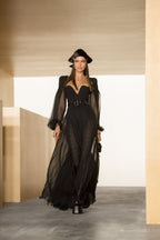 Black Sheer Sleeve Maxi Dress H4198