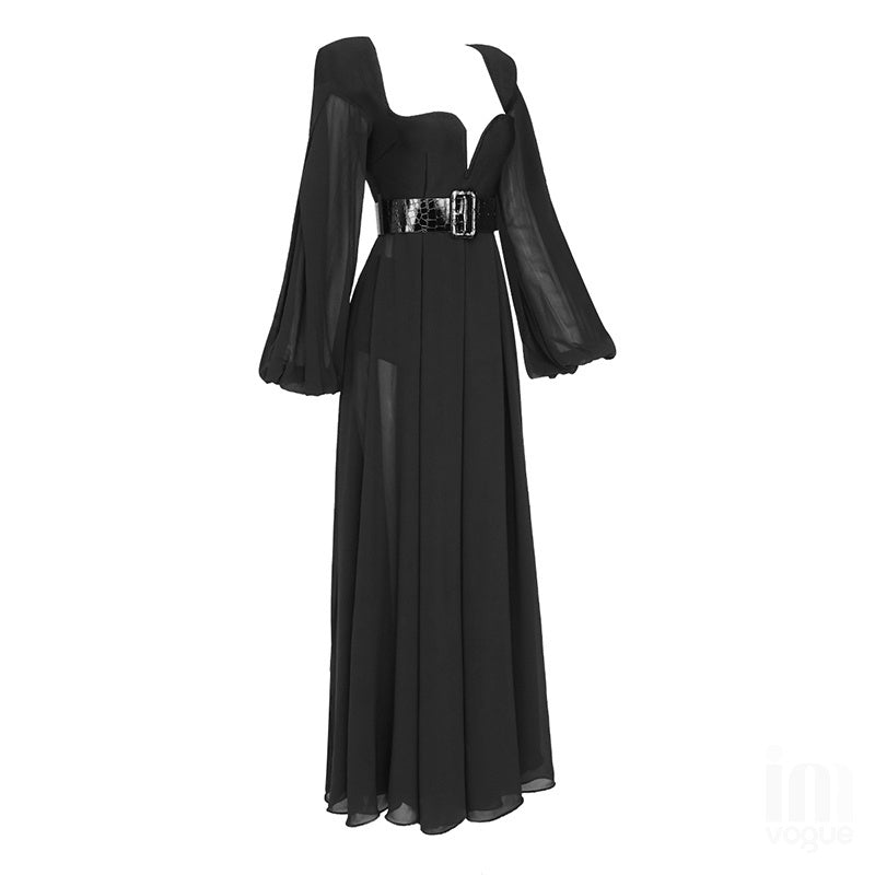 Black Sheer Sleeve Maxi Dress H4198