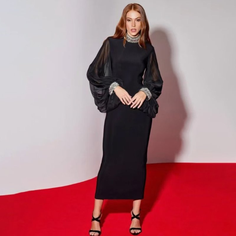Black Sheer Sleeve Midi Dress H6537