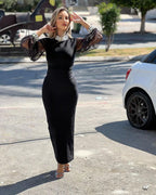 Black Sheer Sleeve Midi Dress H6537